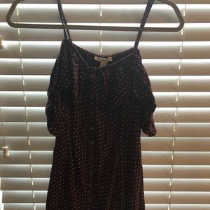 Polka dot maroon off the shoulder dress.